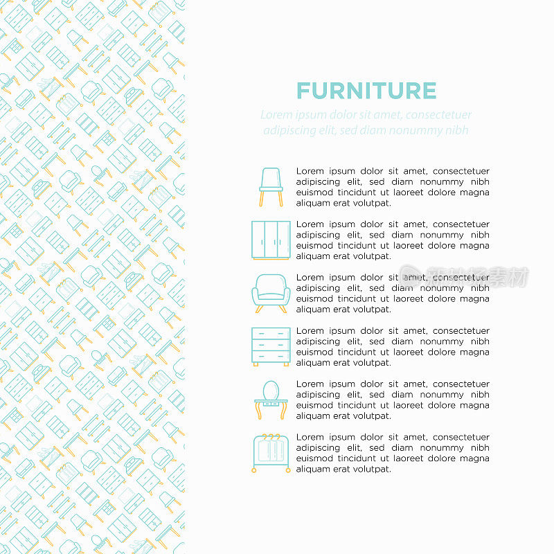 Furniture concept with thin line icons: dressing table, sofa, armchair, wardrobe, chair, table, bookcase, bad, clothes rack, desk, wall shelves. Vector illustration, print media template.